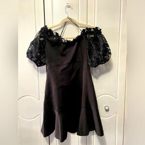 NWT Idem Ditto little black dress lace poof sleeves Medium